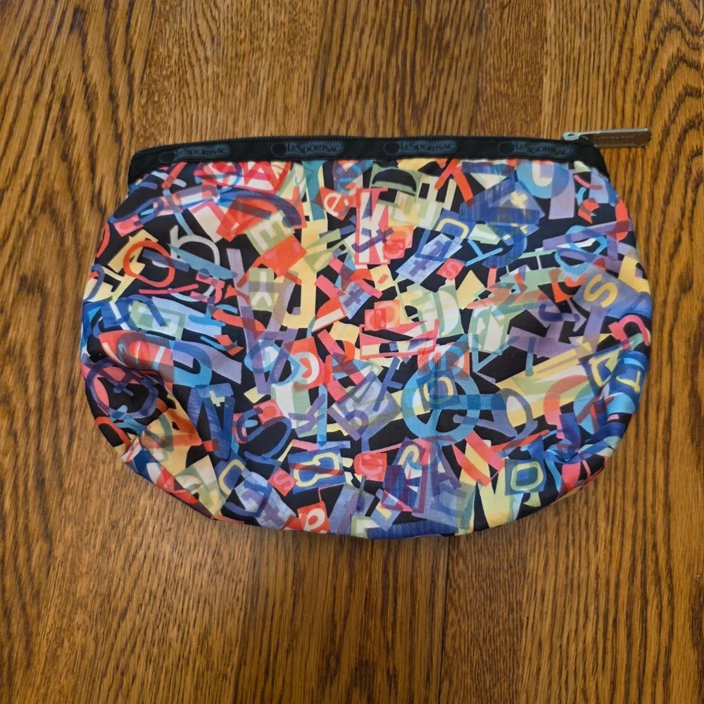 LeSportsac Alphabet Typography Print Nylon Cosmetic Pouch Bag Made in USA Multi